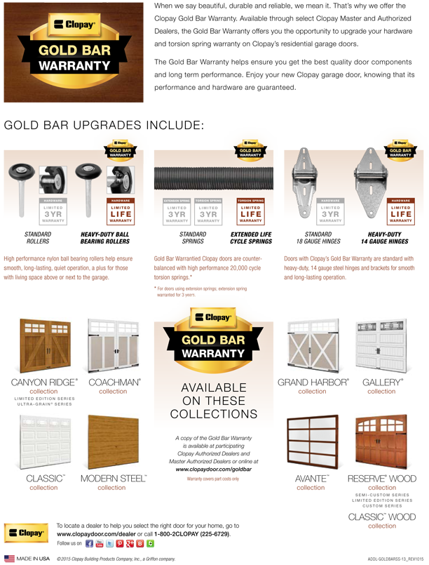 Read about the Gold Bar Warranty we offer on Coachman, Gallery, Cypress and Classis Collection Clopay garage doors.
